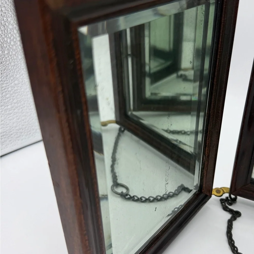 Antique English Tri Fold Vanity Mirror Floral Wood Oak Frame Art Nouveau Leather